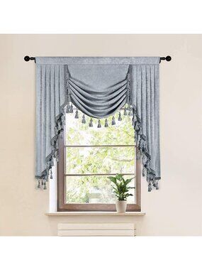 Thick Chenille Waterfall Valance for Living Room & Bedroom, Silver Grey, 39